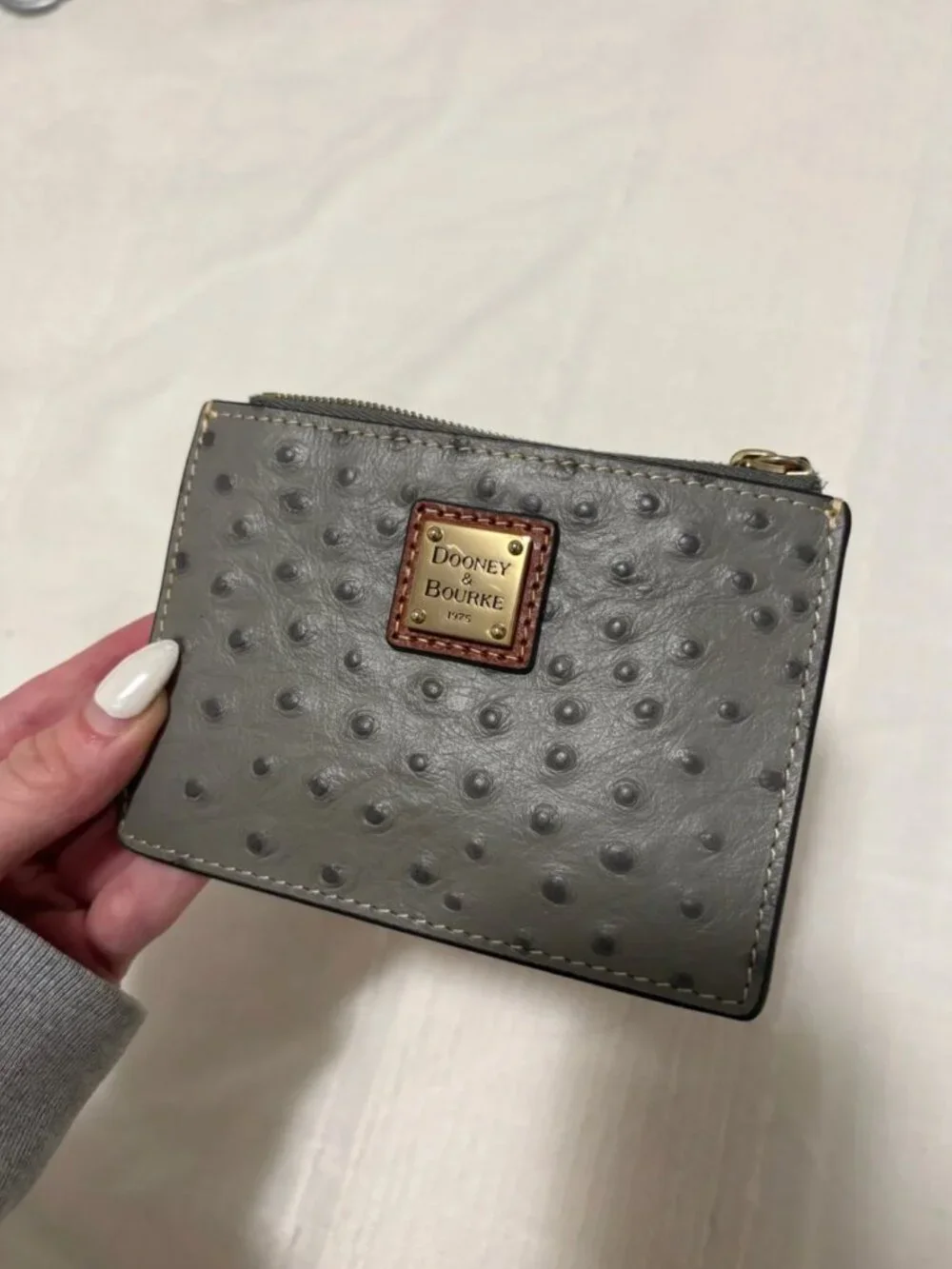 Dooney & Bourke Grey Ostrich-Embossed Zip Card Case with Gold Plaque